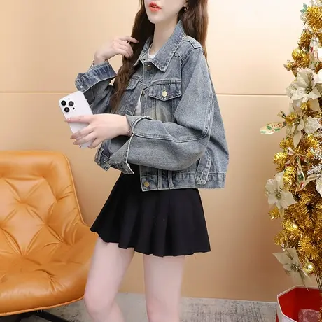 减10】宽松短款小个子牛仔外套女2023新款早秋洋气减龄设计感上衣商品大图