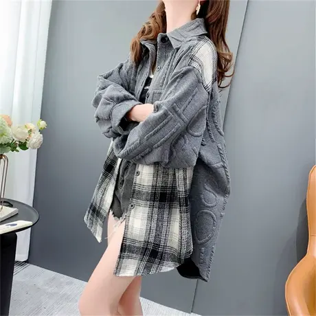 网红拼接复古衬衫外套女秋季2023新款韩版宽松慵懒风休闲百搭上衣图片