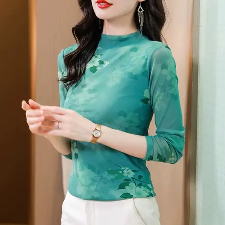 2023秋季新款性感网纱上衣女长袖内搭半高领打底衫别致减龄雪纺衫商品大图