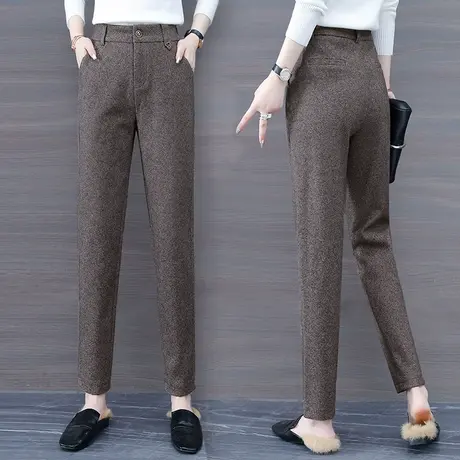 咖色人字纹毛呢裤女哈伦加厚2023新款小脚西装裤休闲百搭萝卜裤子图片