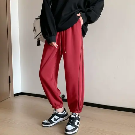 红色宽松休闲哈伦裤女2023秋季新款今年流行韩版高腰束脚运动卫裤商品大图