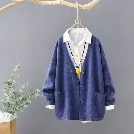 2023秋季新款短款V领文艺纯色针织开衫女宽松长袖外搭毛衣上衣厚图片