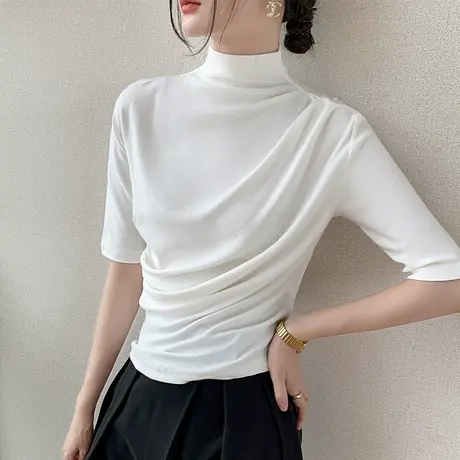 法式小香风半高领半袖T恤女2023早秋新品纯色西装内搭正肩打底衫商品大图