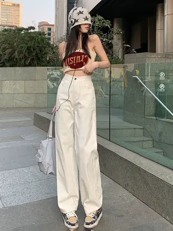 个性复古高腰设计百搭显瘦阔腿直筒牛仔裤女2023新款韩版牛仔裤潮商品大图