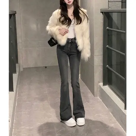 美式复古高腰微喇牛仔裤女2023新款秋冬显瘦直筒阔腿马蹄裤子春季图片