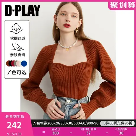 DPLAY2023年秋装新款法式美背宫廷领焦糖色灯笼袖型针织衫商品大图