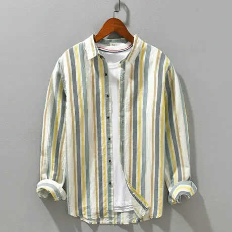 休闲长袖衬衫男2023春秋季棉麻男士条纹衬衣亚麻寸衫宽松外套潮流商品大图