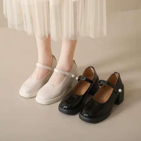 珍珠法式复古玛丽珍鞋女高跟鞋2023夏季新款浅口一字扣带粗跟单鞋图片