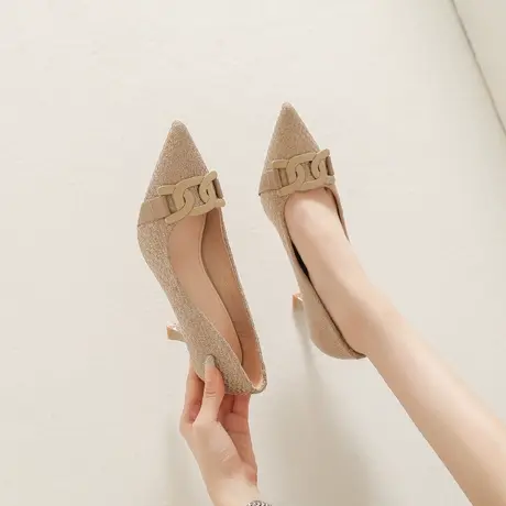 2023新款法式小众尖头高跟鞋女细跟气质百搭春季编织浅口职业单鞋图片