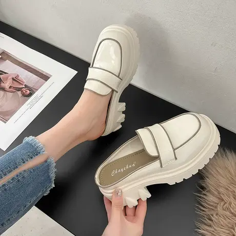 包头半拖鞋女外穿厚底凉拖穆勒鞋2023年春夏季新款粗跟高跟小皮鞋商品大图