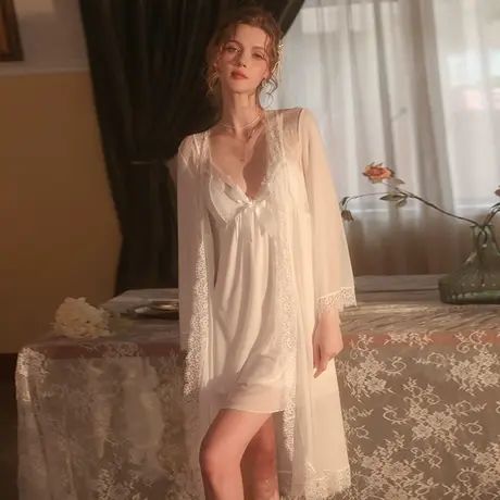 性感纯色网纱蝴蝶结甜美加胸垫吊带裙外袍家居服套装夏季大码图片