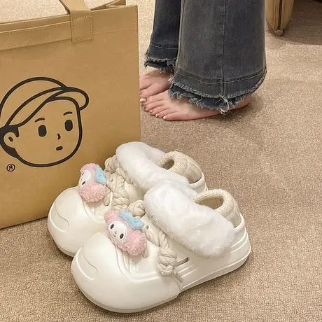 棉拖鞋女冬季学生室内外穿卡通可爱加绒厚底增高保暖包跟洞洞棉鞋商品大图