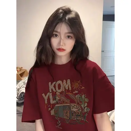 美式大码短袖t恤女装夏季新款胖mm酒红色oversize半袖上衣2-300斤商品大图
