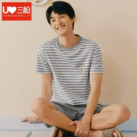 三枪睡衣睡裤男夏季新款纯棉男士家居服套装条纹薄款宽松短袖短裤商品大图