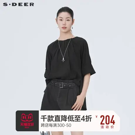 sdeer圣迪奥上衣夏款圆领抽褶卷边黑色中袖设计感衬衫S222Z0432商品大图