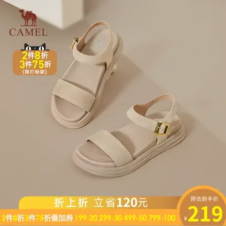 骆驼女鞋2023夏季新款平底一字带凉鞋时尚厚底真皮厚底休闲凉鞋女图片