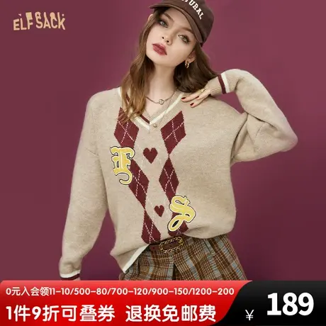 妖精的口袋菱格学院风毛衣女2022秋冬季新款v领套头复古软糯外穿商品大图
