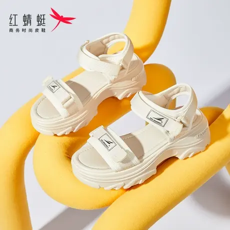 红蜻蜓厚底凉鞋女夏外穿2022年魔术贴圆头露趾防滑宽头女鞋松糕底图片
