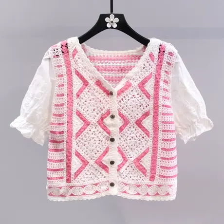 小清新拼接短袖针织开衫女2023年夏季新款设计感小众V领短款上衣图片