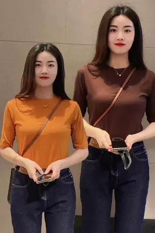 2023夏季新款薄款上衣女洋气纯色短袖t恤圆领修身显瘦体恤半袖潮商品大图