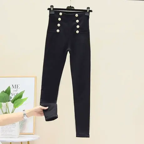 高腰双排扣黑色打底裤女外穿秋冬网红加绒加厚紧身弹力小脚铅笔裤商品大图
