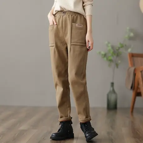 dza 高腰显瘦工装加绒裤子女士冬季加厚长裤百搭直筒裤休闲哈伦裤图片