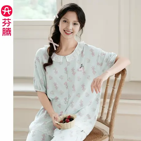 芬腾女睡衣纯棉夏季新款短袖长裤套装薄款休闲大码女款夏天家居服商品大图