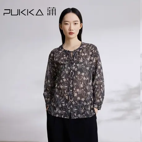 蒲PUKKA 文艺复古2023夏新纯棉印花新中式日常圆领上衣九分袖衬衫图片