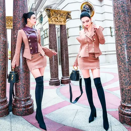 VJE秋冬欧美拼皮小众设计毛呢外套短款女时尚修身显瘦妮子大衣图片