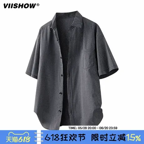 VIISHOW美式高街潮流条纹短袖衬衫男士夏季薄款休闲翻领长袖上衣商品大图