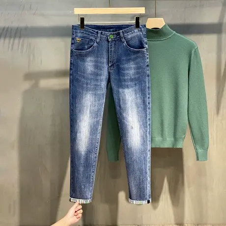 蓝色牛仔裤男潮牌弹力修身韩版潮流2023春秋季新款长裤休闲小脚裤图片