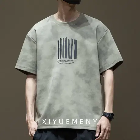 美式潮牌t恤男扎染印花宽松大码短袖衣服男生夏季凉感冰丝打底衫图片