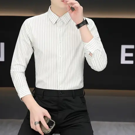 2025春秋新款潮流帅气条纹衬衫男士长袖休闲衬衣弹力修身寸衫上衣商品大图