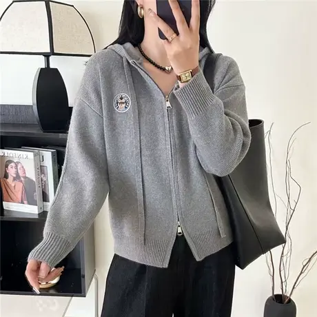 双拉链新款上衣2024秋冬毛衣女士连帽针织卫衣宽松慵懒高级针织衫商品大图