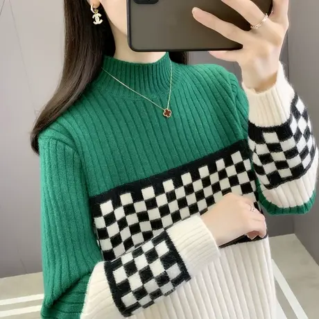 半高领毛衣女2023秋冬装新款格子拼色打底衫时尚百搭针织衫宽松潮商品大图