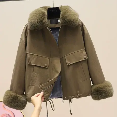 仿狐狸毛加绒加厚派克服女短款小个子冬韩版宽松工装棉服棉衣外套图片