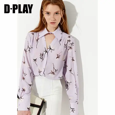 DPLAY德帕拉夏新款欧美V领紫色印花翻领宽松轻薄时尚衬衫图片