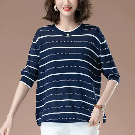 条纹七分袖T恤女春秋宽松加肥加大码女装中年妈妈洋气显瘦针织衫商品大图