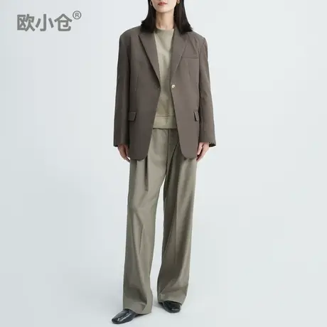 欧小仓 100%全羊毛拖地裤灰绿色双褶高腰阔腿裤女春秋质感西装裤图片