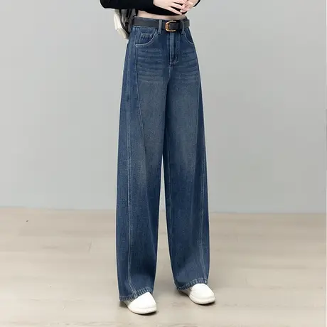 拉夏贝尔弯刀牛仔裤女2025秋新款高腰显瘦时尚百搭宽松窄版阔腿裤商品大图