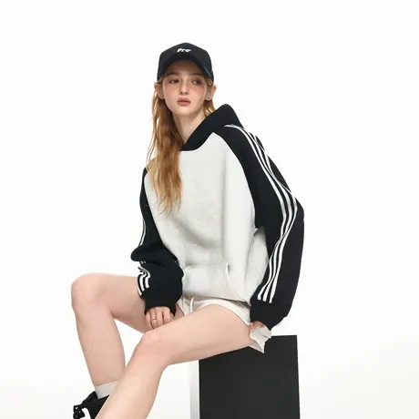 美式潮牌三条杠撞色套头连帽卫衣外套女春秋新款宽松休闲情侣上衣图片