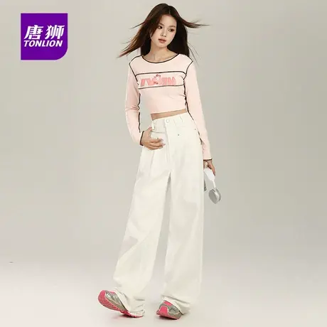 唐狮高腰白色直筒牛仔裤女秋季新款褶皱设计垂感宽松阔腿拖地裤AX图片