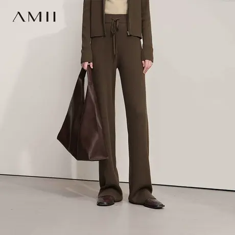 Amii2025秋新款极简通勤风纯色休闲百搭抽绳橡筋腰毛织阔腿长裤女商品大图