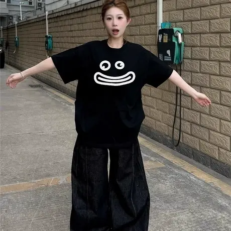 大码超火涂鸦表情短袖女黑色t恤oversize美式独特漂亮小众上衣ins商品大图