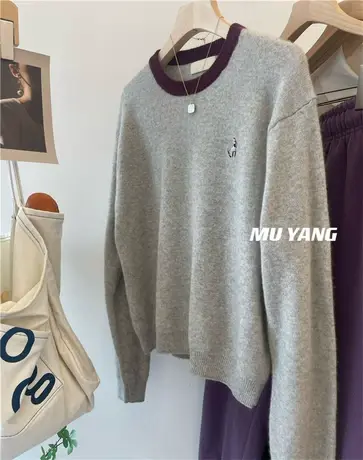 凳子少女！胸口刺绣圆领长袖宽松套头秋冬内搭蜜熊绒毛衣百搭上衣商品大图