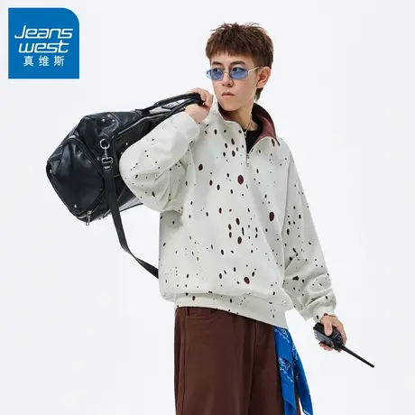 N5真维斯男士卫衣2025新款秋季美式宽松高领破洞外套男生春秋上衣图片