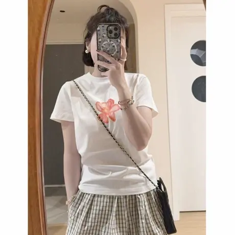 白色花朵印花正肩短袖t恤女2025新款夏季美式修身显瘦百搭上衣ins图片