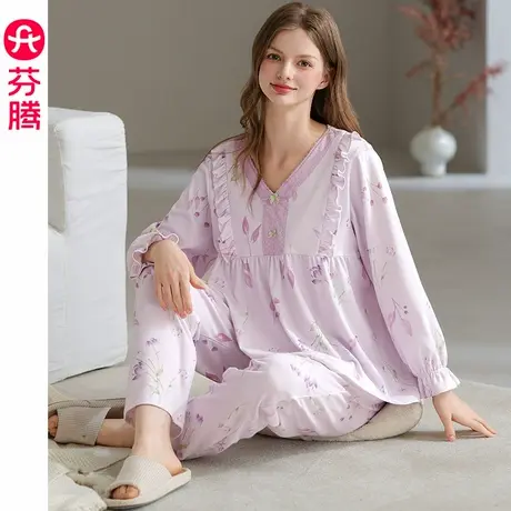 芬腾女士睡衣春秋季纯棉V领长袖套装秋冬女款休闲大码全棉家居服商品大图