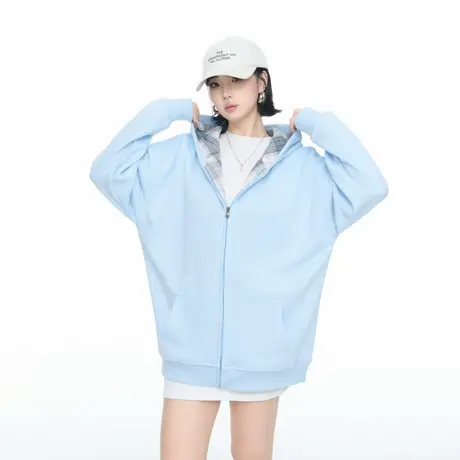 美式格子拼接字母印花连帽开衫卫衣女春秋新款宽松设计感外套上衣商品大图