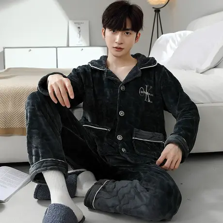 秋冬睡衣男2023新款冬款加绒加厚法兰绒冬季珊瑚绒男士套装家居服图片